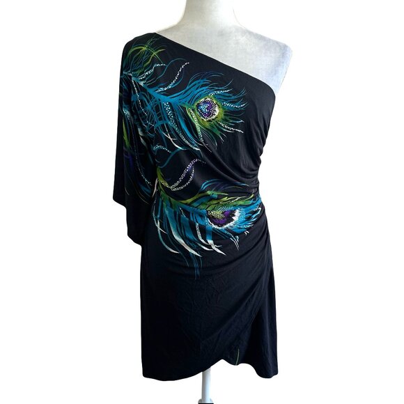 Bisou Bisou Vtg Y2K 2000s Black Peacock Feather One-shoulder Dress - Picture 1 of 8